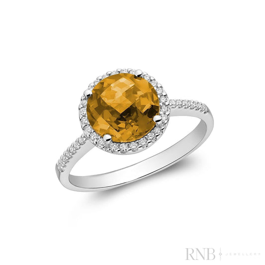 Round Citrine & Diamond Halo Ring