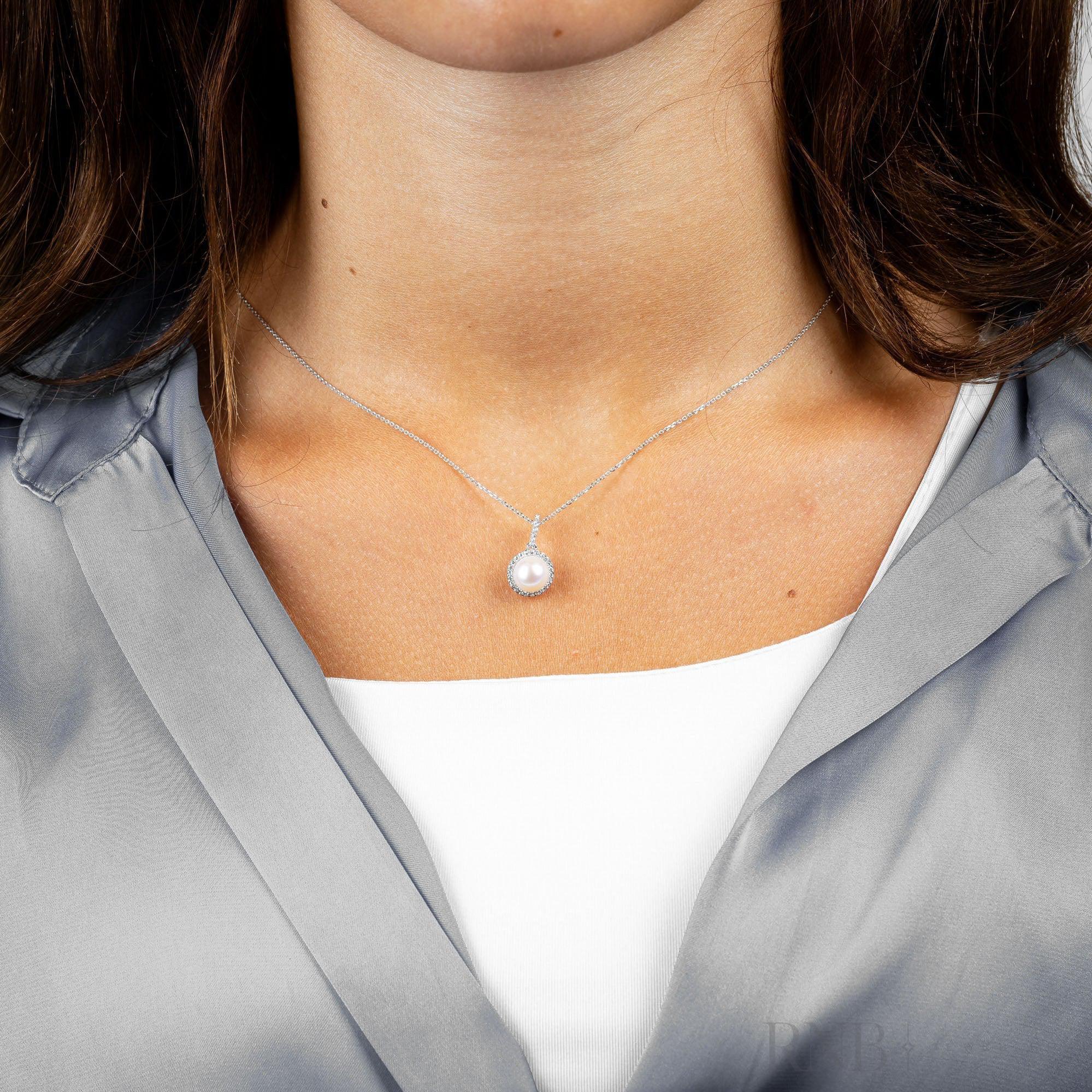 Cultured Pearl & Halo Diamond Pendant-RNB Jewellery Cultured Pearl & Halo Diamond Pendant-RNB Jewellery