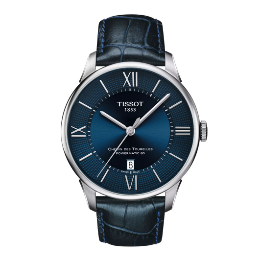 TISSOT CHEMIN DES TOURELLES POWERMATIC 80 BLUE DIAL AND LEATHER STRAP T0994071604800