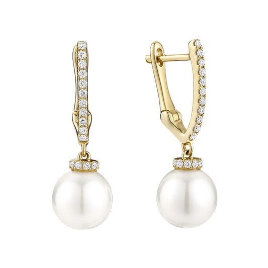Cultured Pearl Hoops V Shape Diamond Dangle Earrings
