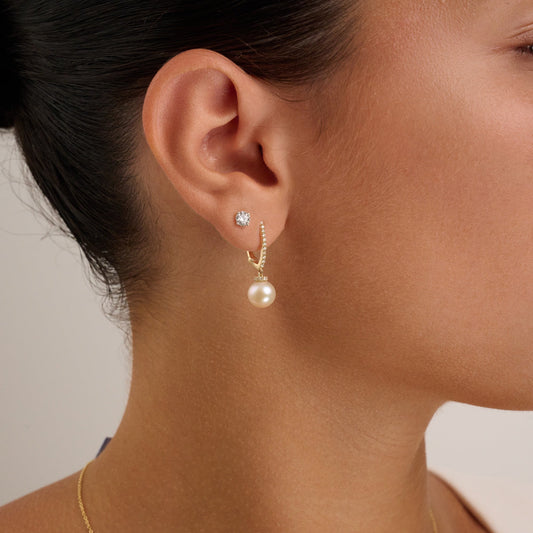 Cultured Pearl Hoops V Shape Diamond Dangle Earrings