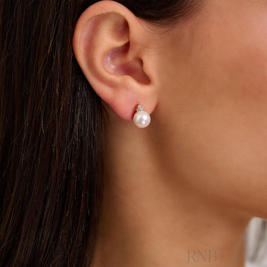 Cultured Pearl & Trinity Diamond Stud Earrings