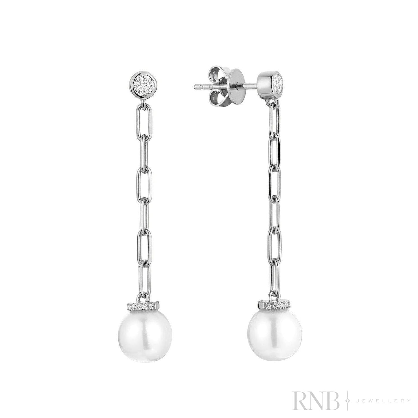 Pearl Paper Clip Diamond Dangle Earrings-RNB Jewellery