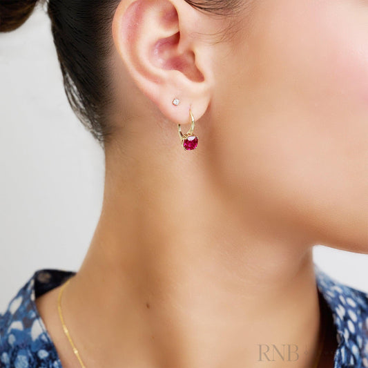 Created Ruby Cushion Cut & Diamond Dangle Earrings