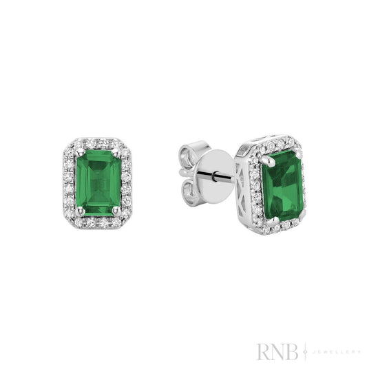 Emerald Cut Colored Stone & Diamond Halo Stud Earrings