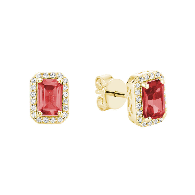 Emerald Cut Colored Stone & Diamond Halo Stud Earrings