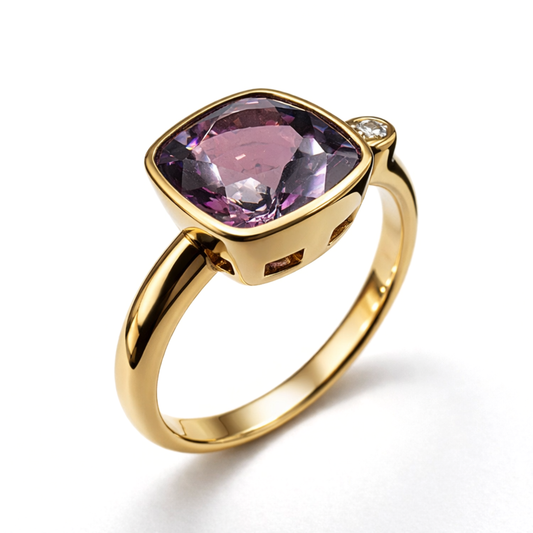 Cushion-Cut Precious Stone Purple Spinel Diamond Accent Ring