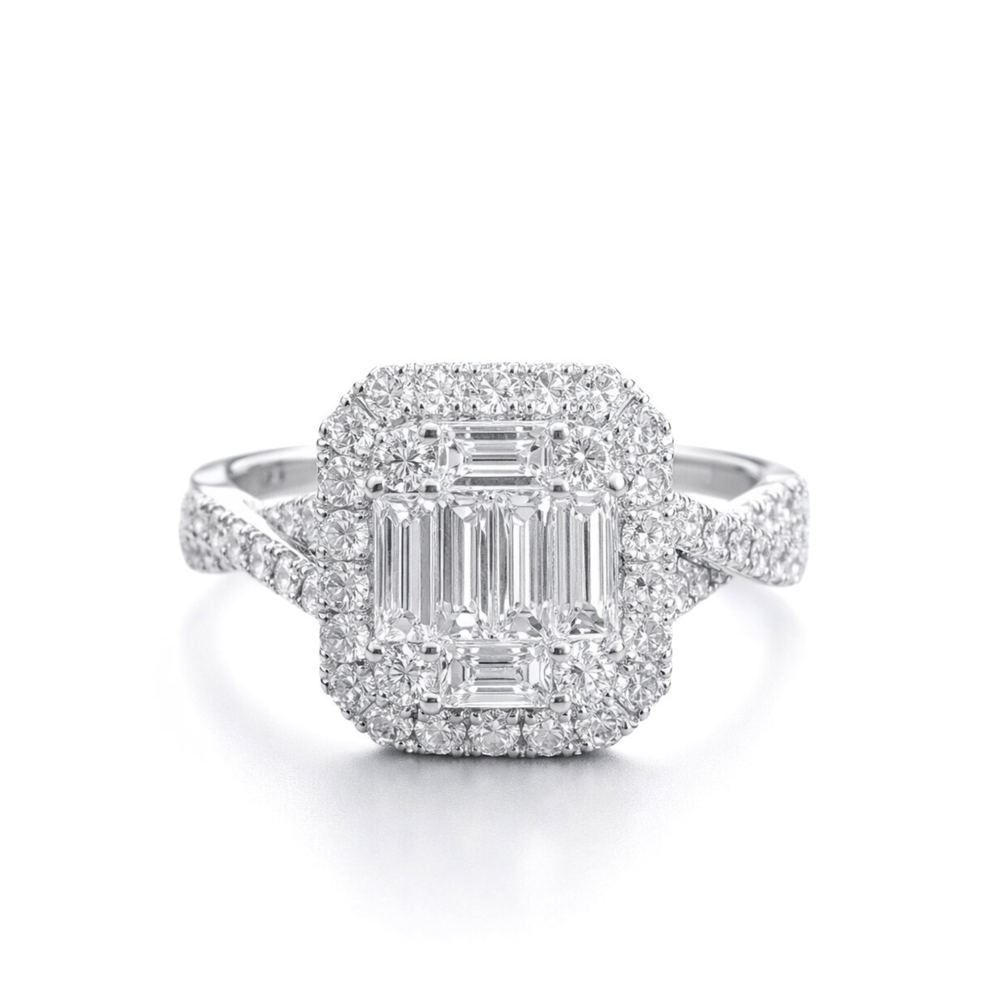 White Gold Baguette & Round Diamond Halo Engagement Ring