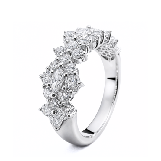 White Gold Marquise & Round Diamond Cluster Band Ring