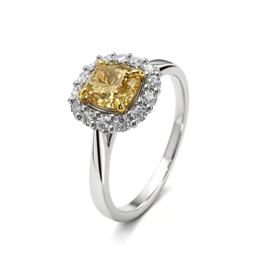 White Gold Yellow Diamond Halo Engagement-Style Ring