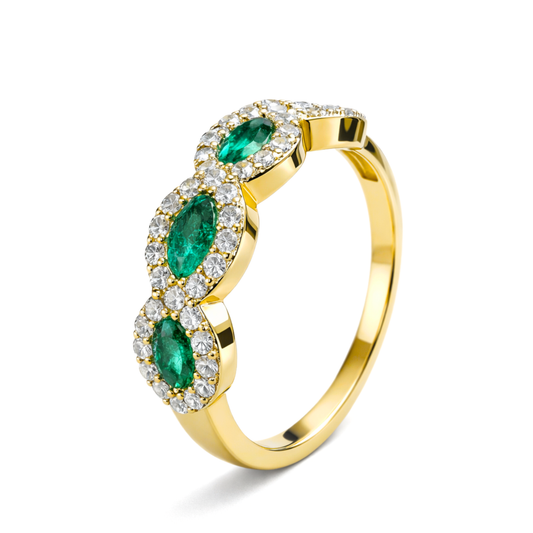 Yellow Gold Precious Stone Emerald & Diamond Halo Ring