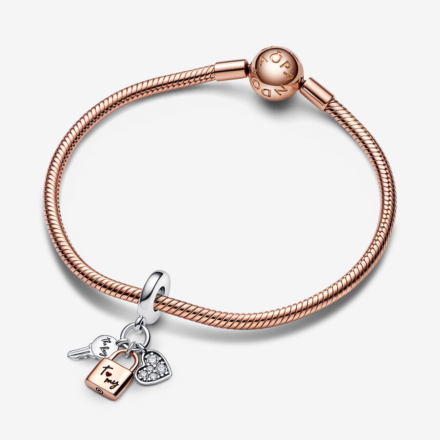 Two-tone Key, Padlock & Heart Triple Dangle Charm