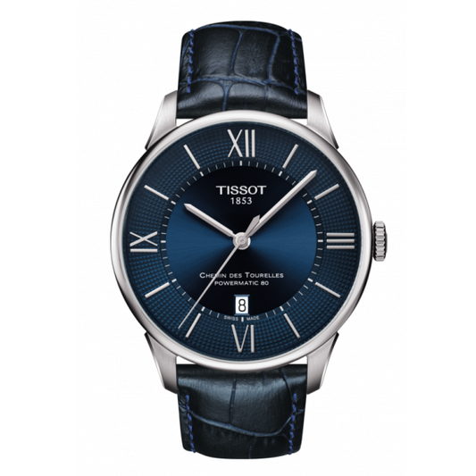 TISSOT CHEMIN DES TOURELLES POWERMATIC 80 BLUE DIAL AND LEATHER STRAP T0994071604800