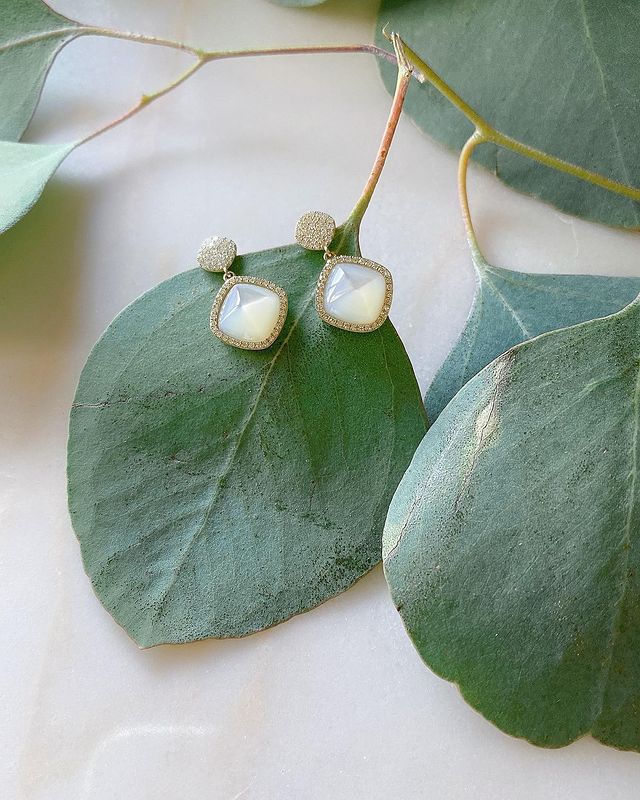 Mother of Pearl and Diamond Dangle Stud Earrings