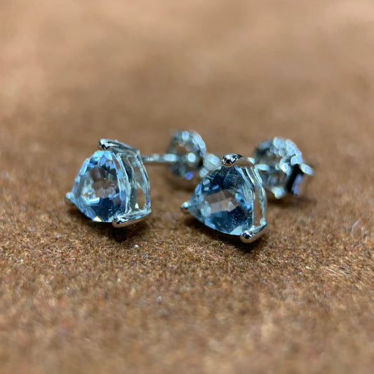 Trillion Cut Aquamarine Gemstone Earring Studs in 10k White Gold
