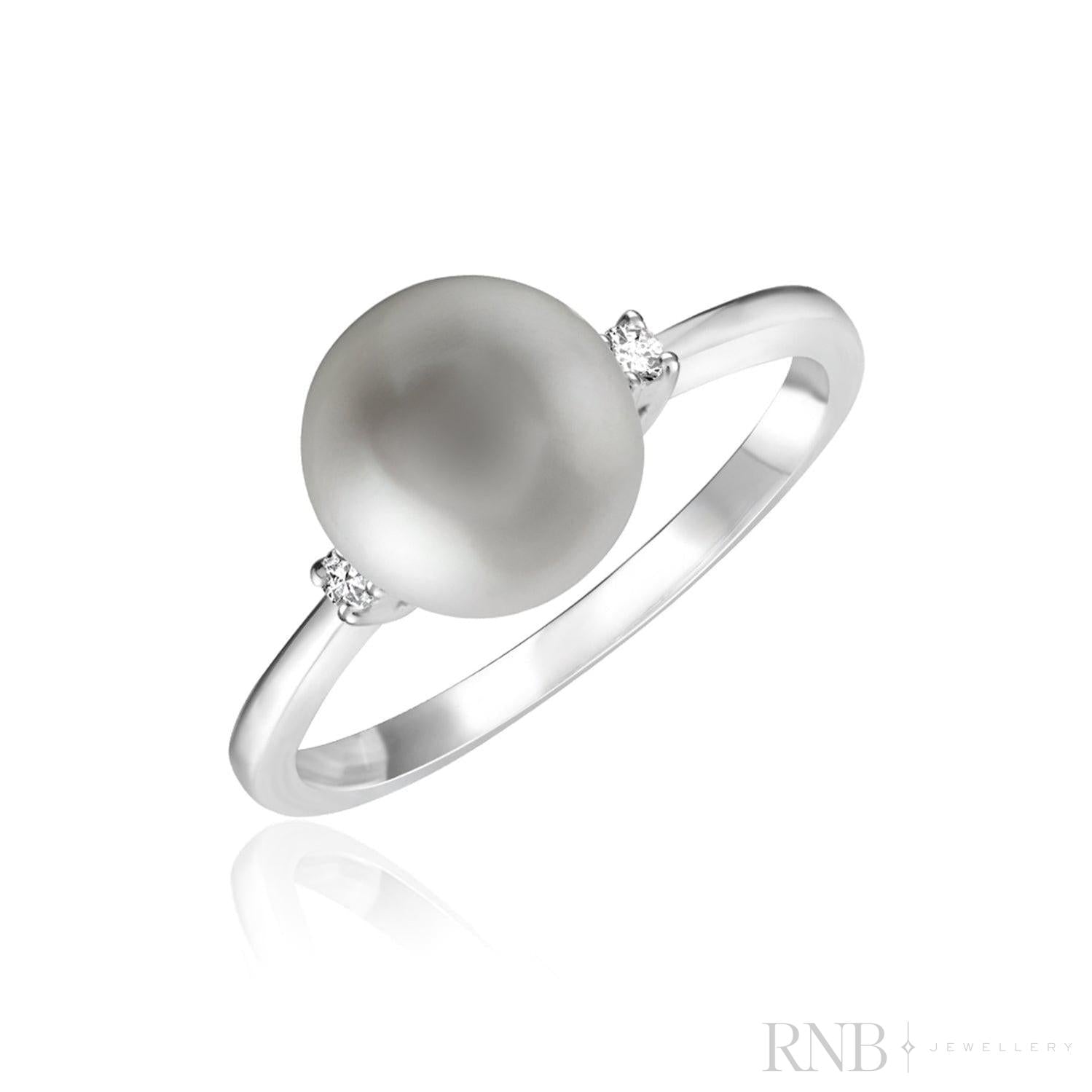 White Grey Pearl & Diamond Ring