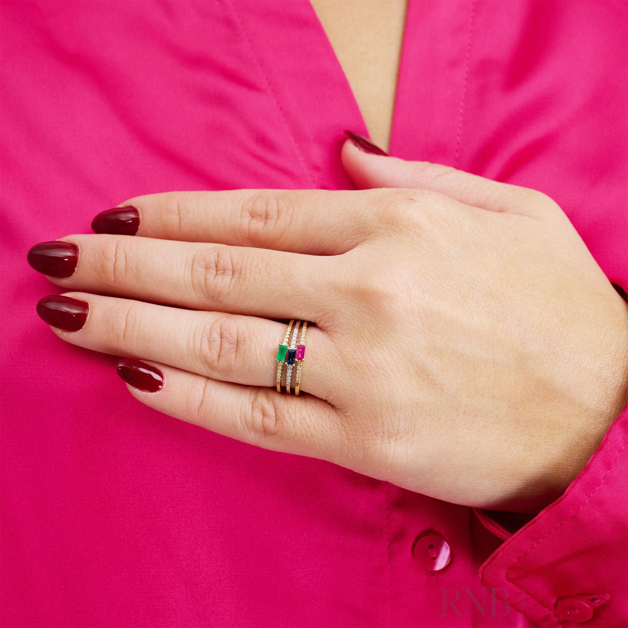 Emerald Cut Solitaire Precious Stone and Diamond Ring