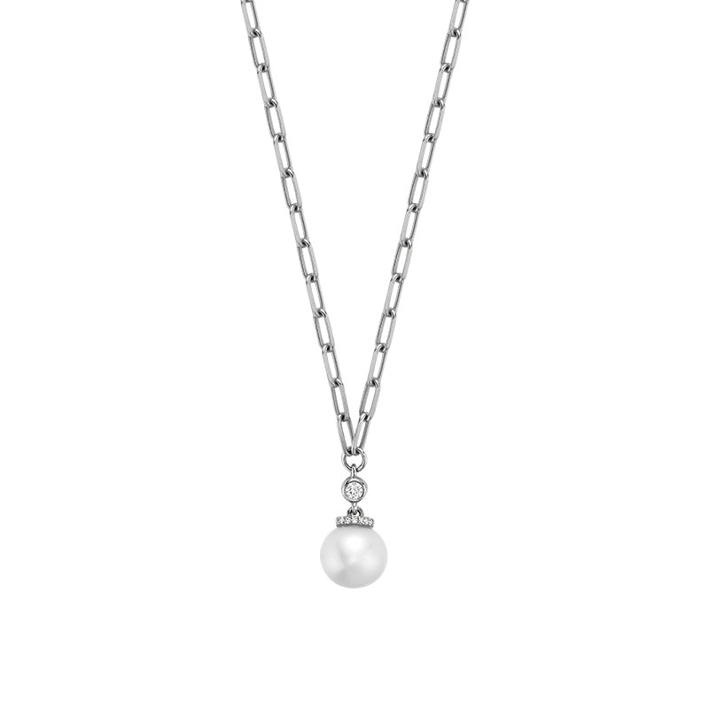 Cultured Pearl & Diamond Drop Necklace on Paper Clip Chain