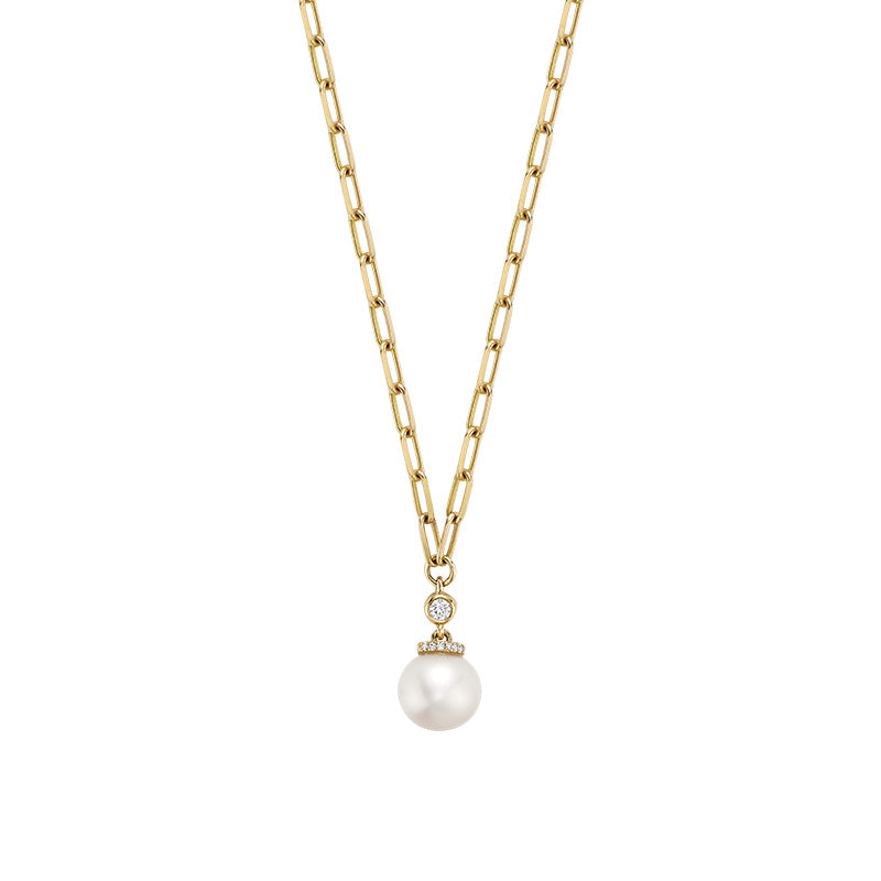Cultured Pearl & Diamond Drop Necklace on Paper Clip Chain