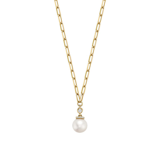 Cultured Pearl & Diamond Drop Necklace on Paper Clip Chain