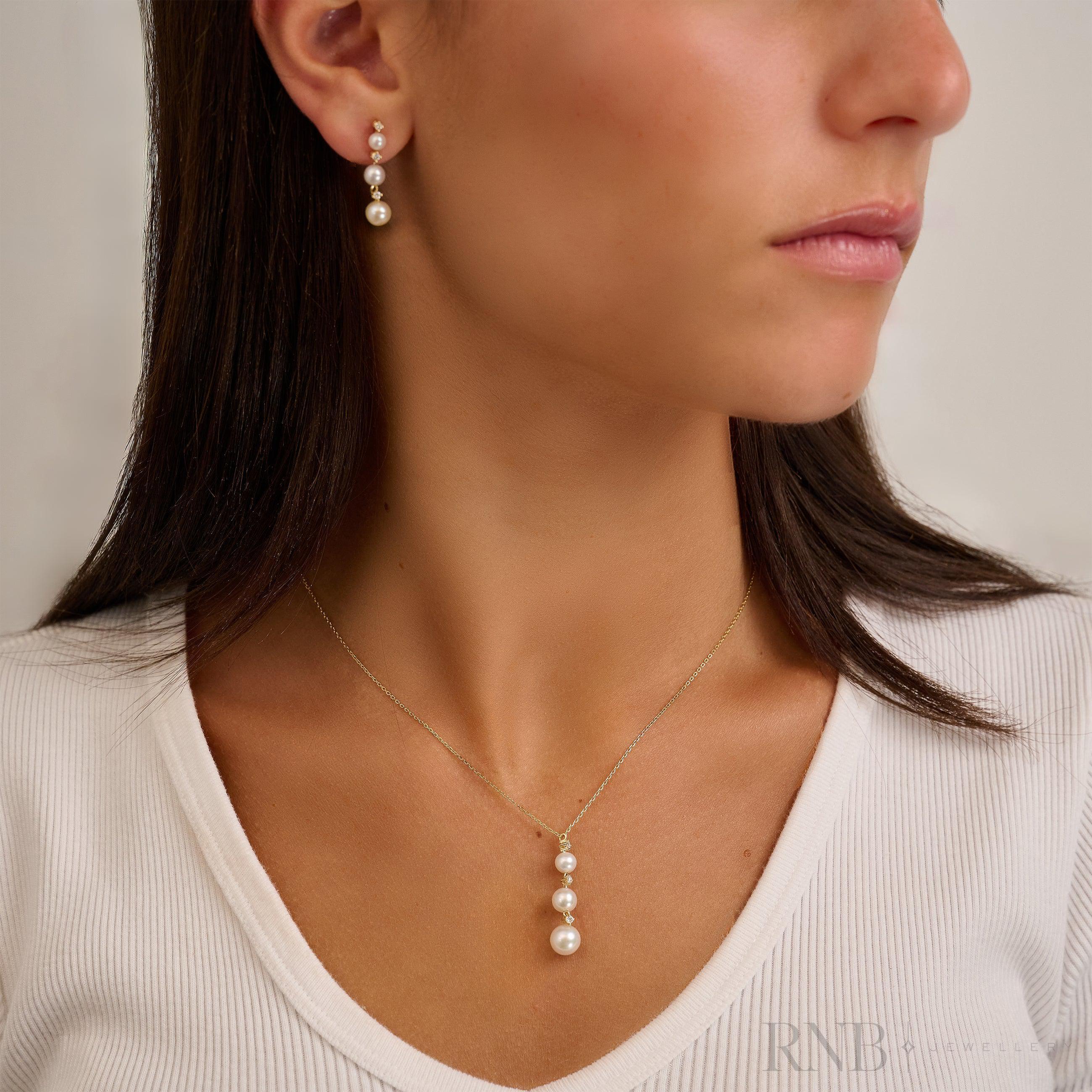 Trinity Drop Pearls & Diamonds Necklace