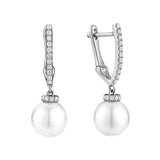 Cultured Pearl Hoops V Shape Diamond Dangle Earrings