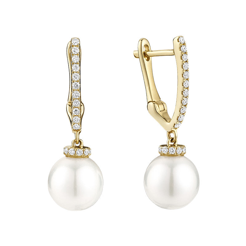 Cultured Pearl Hoops V Shape Diamond Dangle Earrings