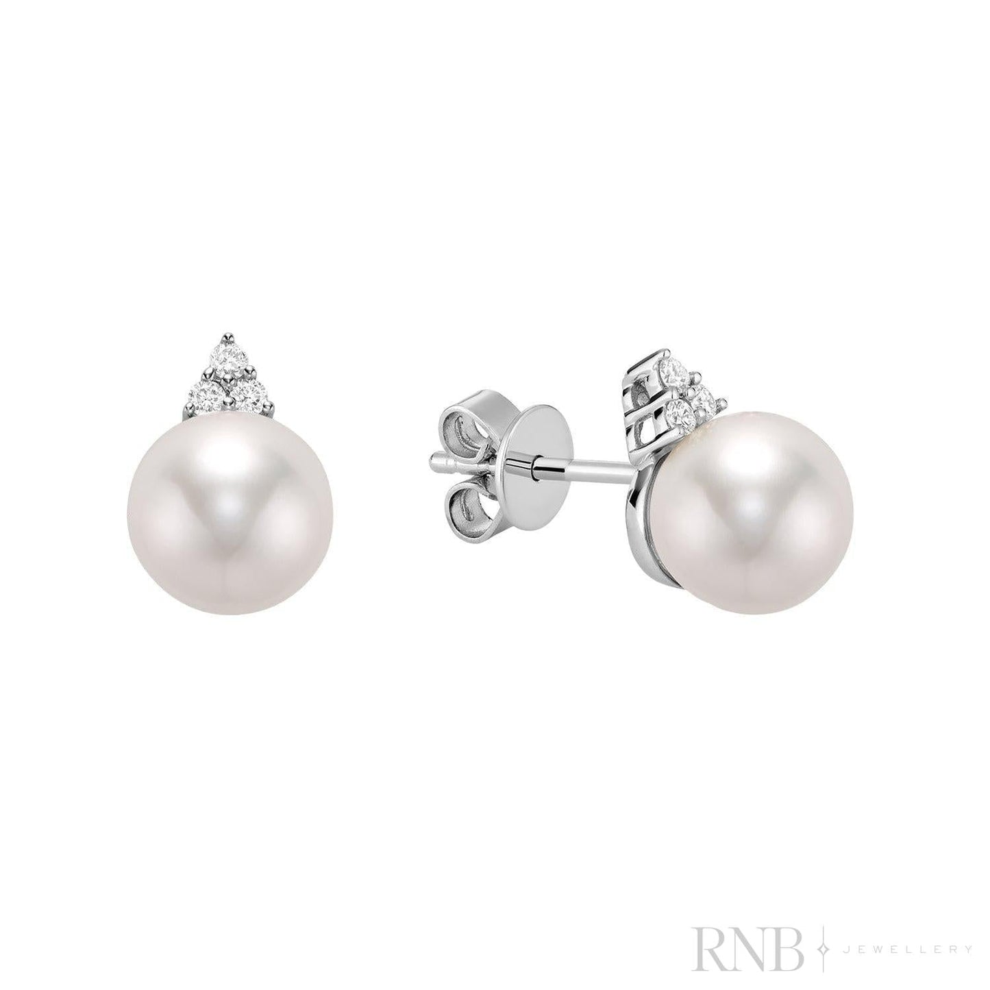 Cultured  Pearl & Trinity Diamond Stud Earrings