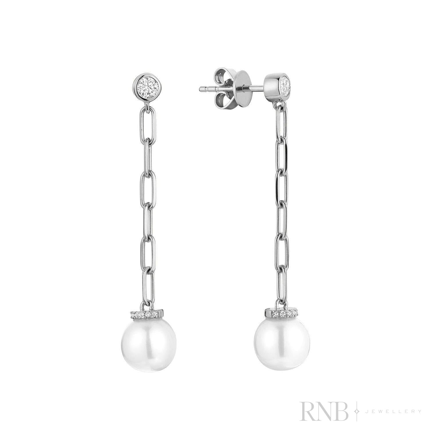 Pearl Paper Clip Diamond Dangle Earrings