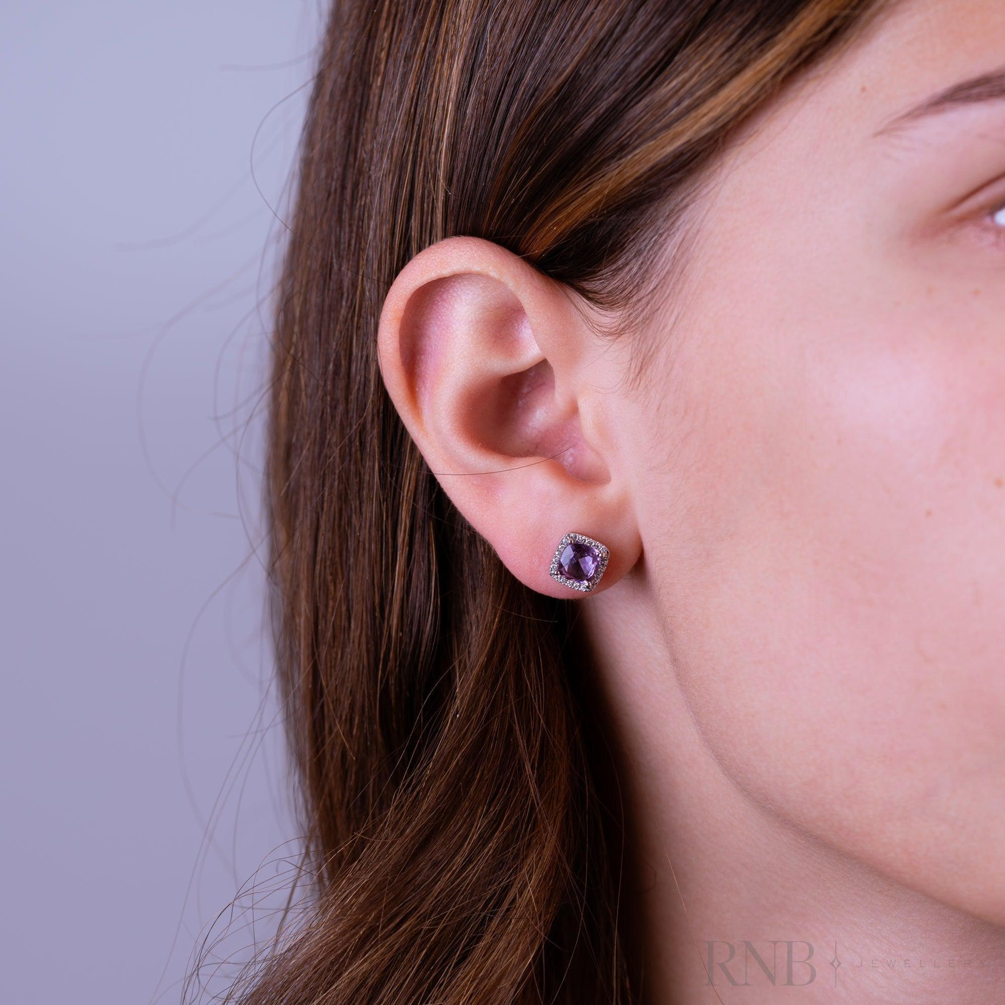 Cushion Colored Stone & Diamond Halo Stud Earrings