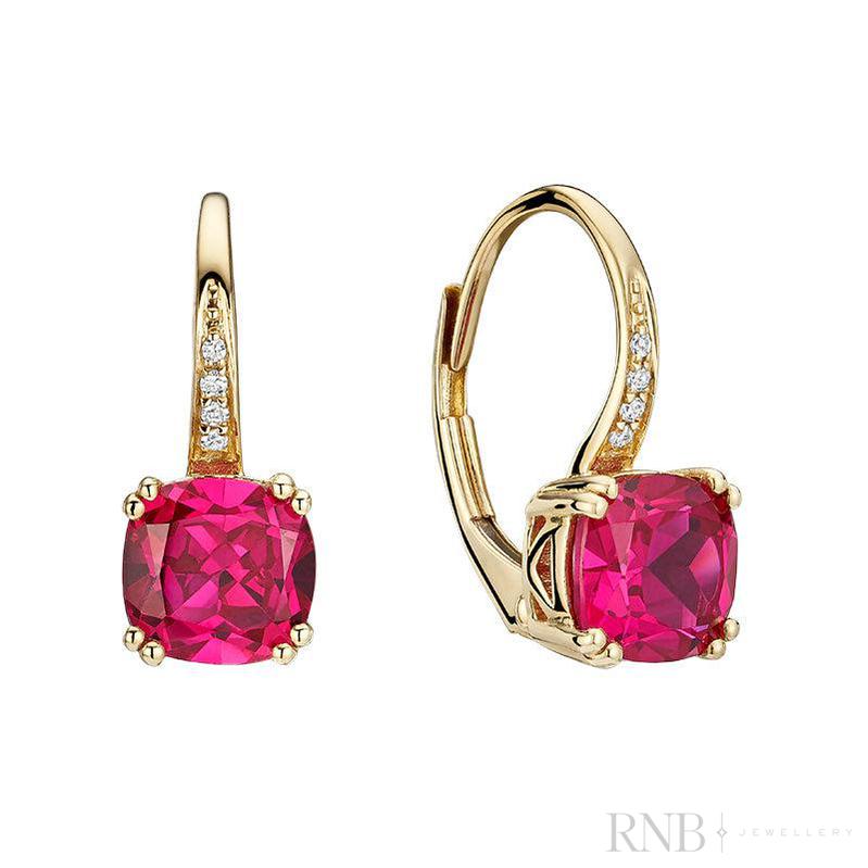 Created Ruby Cushion Cut & Diamond Dangle Earrings
