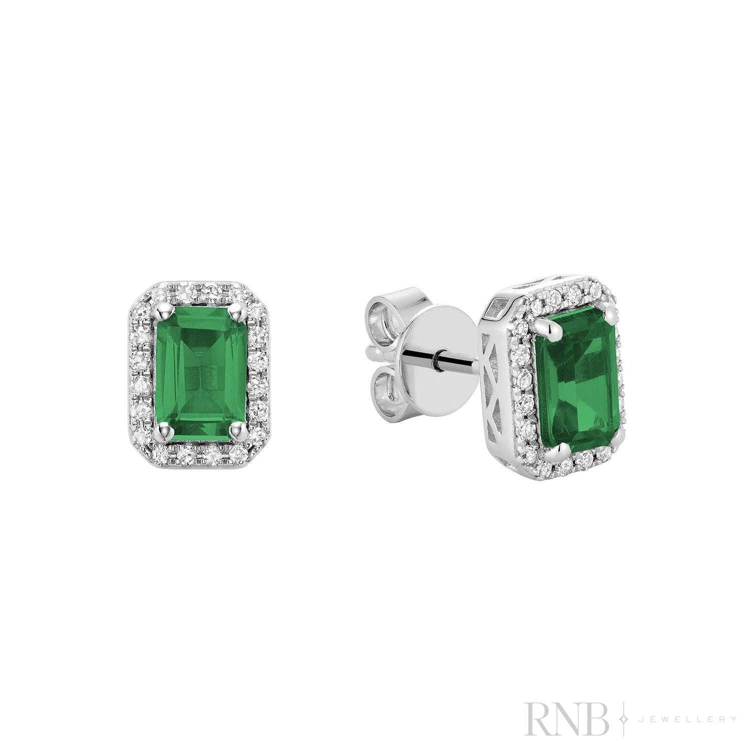 Emerald Cut Colored Stone & Diamond Halo Stud Earrings