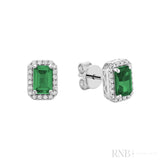 Emerald Cut Colored Stone & Diamond Halo Stud Earrings