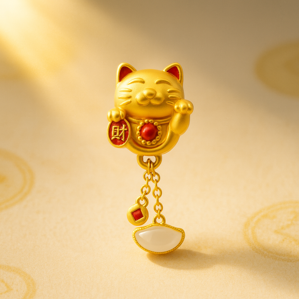 24k Gold Hetian Jade Maneki Neko Charm