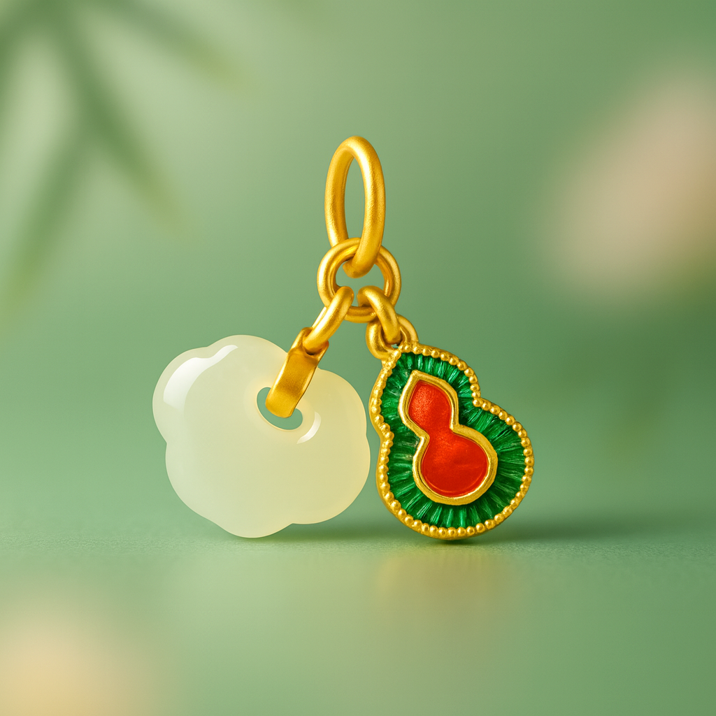 24k Gold Hetian Jade Calabash Charm