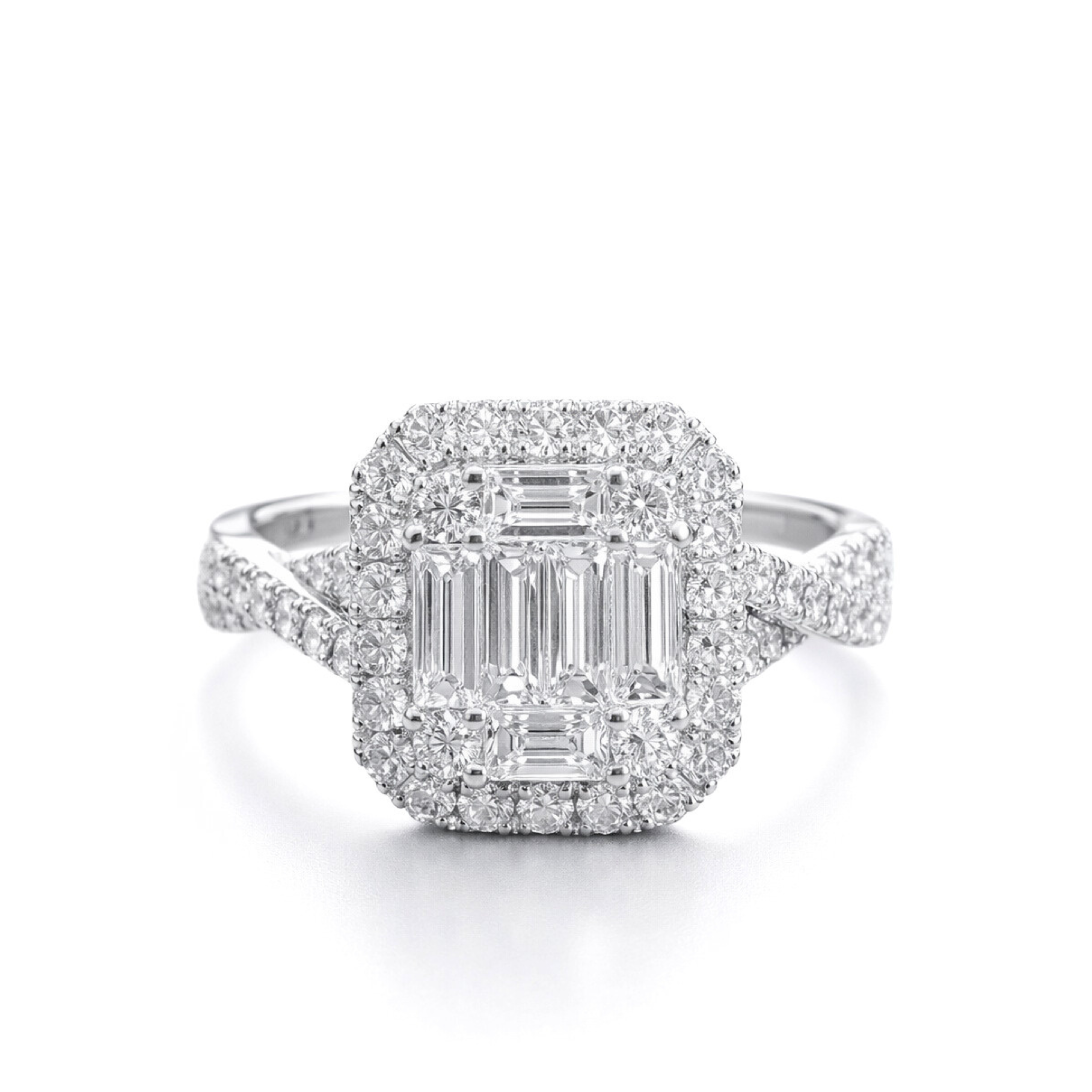 White Gold Baguette & Round Diamond Halo Engagement Ring