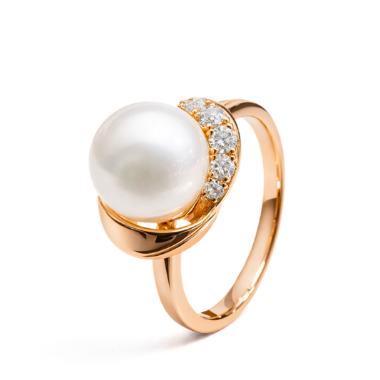 Modern Rose Gold Fresh Water Pearl Halo Diamond Ring