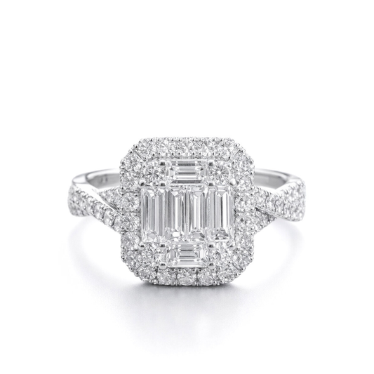 White Gold Baguette & Round Diamond Halo Engagement Ring