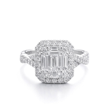White Gold Baguette & Round Diamond Halo Engagement Ring