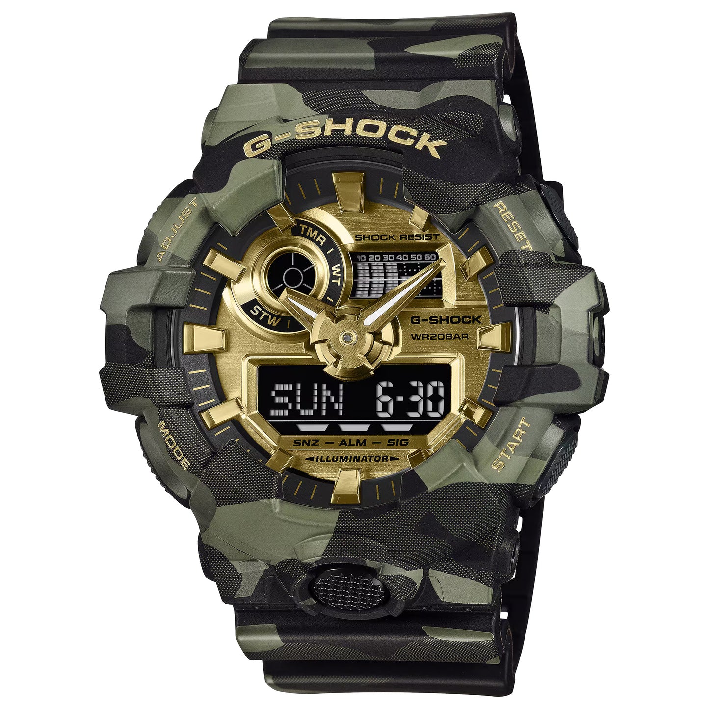 CASIO G-SHOCK BOLD CAMO SERIES CAMO AND GOLD ANALOG-DIGITAL GA-700 SERIES GA-700CMG-3A