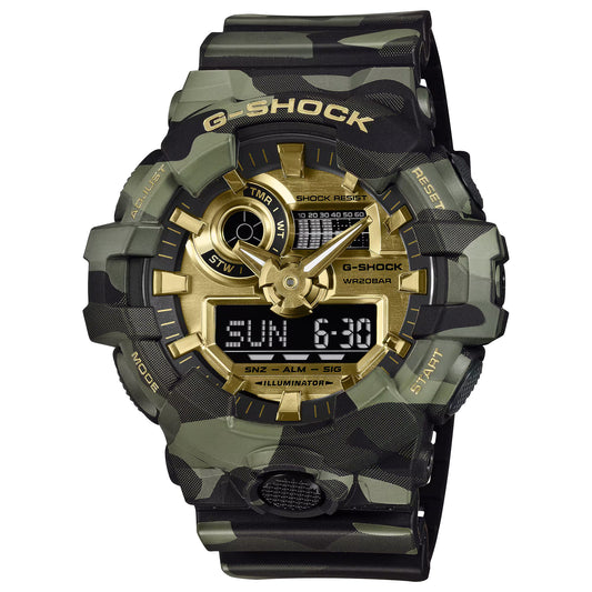 CASIO G-SHOCK BOLD CAMO SERIES CAMO AND GOLD ANALOG-DIGITAL GA-700 SERIES GA-700CMG-3A