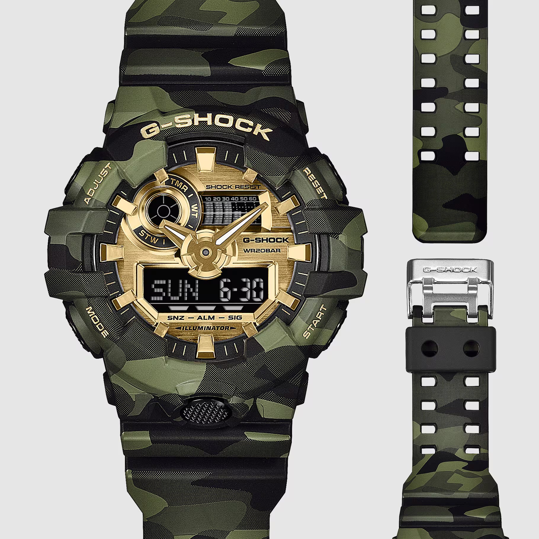 CASIO G-SHOCK BOLD CAMO SERIES CAMO AND GOLD ANALOG-DIGITAL GA-700 SERIES GA-700CMG-3A