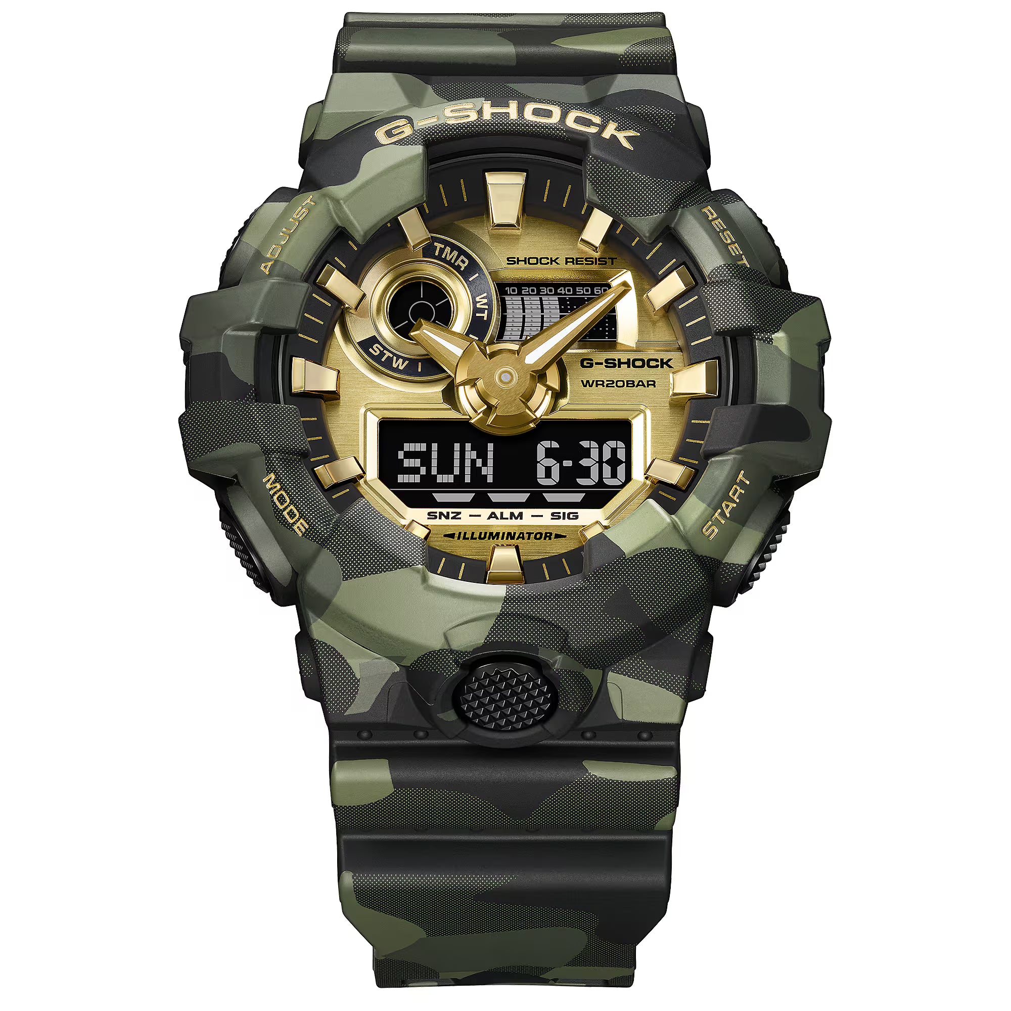 CASIO G-SHOCK BOLD CAMO SERIES CAMO AND GOLD ANALOG-DIGITAL GA-700 SERIES GA-700CMG-3A