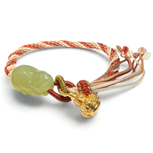 24K Gold Pixiu & Gourd Hetian Jade Bracelet