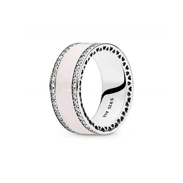 PANDORA RING Soft Pink Hearts of Wide Band Ring with Enamel and CZ (RETIRED)-191024EN40-52