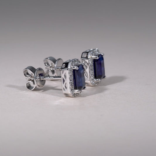 Emerald Cut Colored Stone & Diamond Halo Stud Earrings