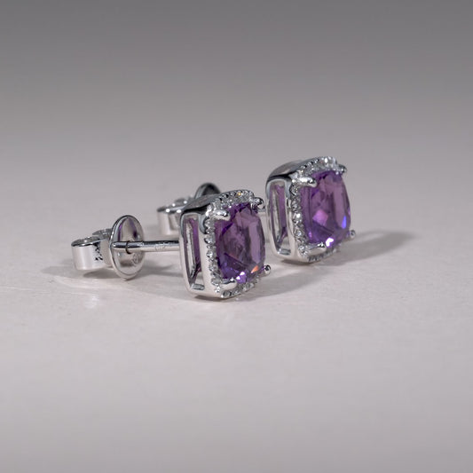 Cushion Colored Stone & Diamond Halo Stud Earrings