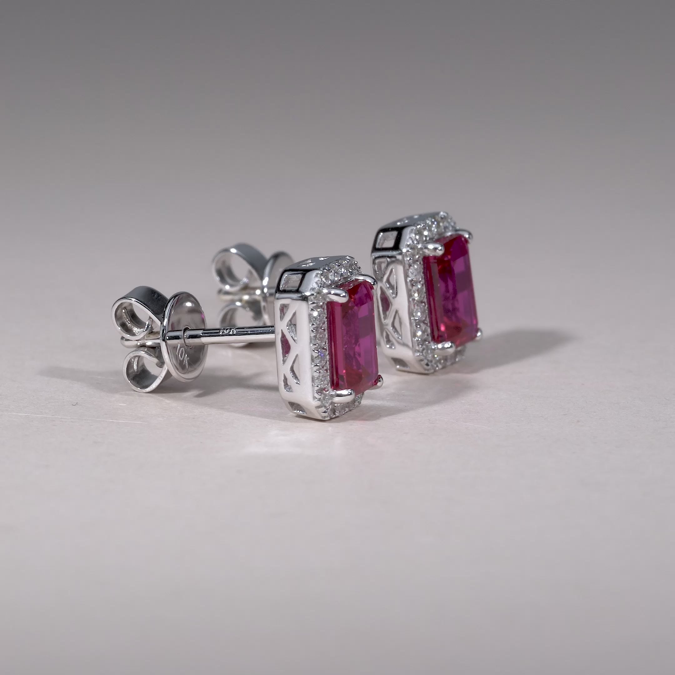 Emerald Cut Colored Stone & Diamond Halo Stud Earrings