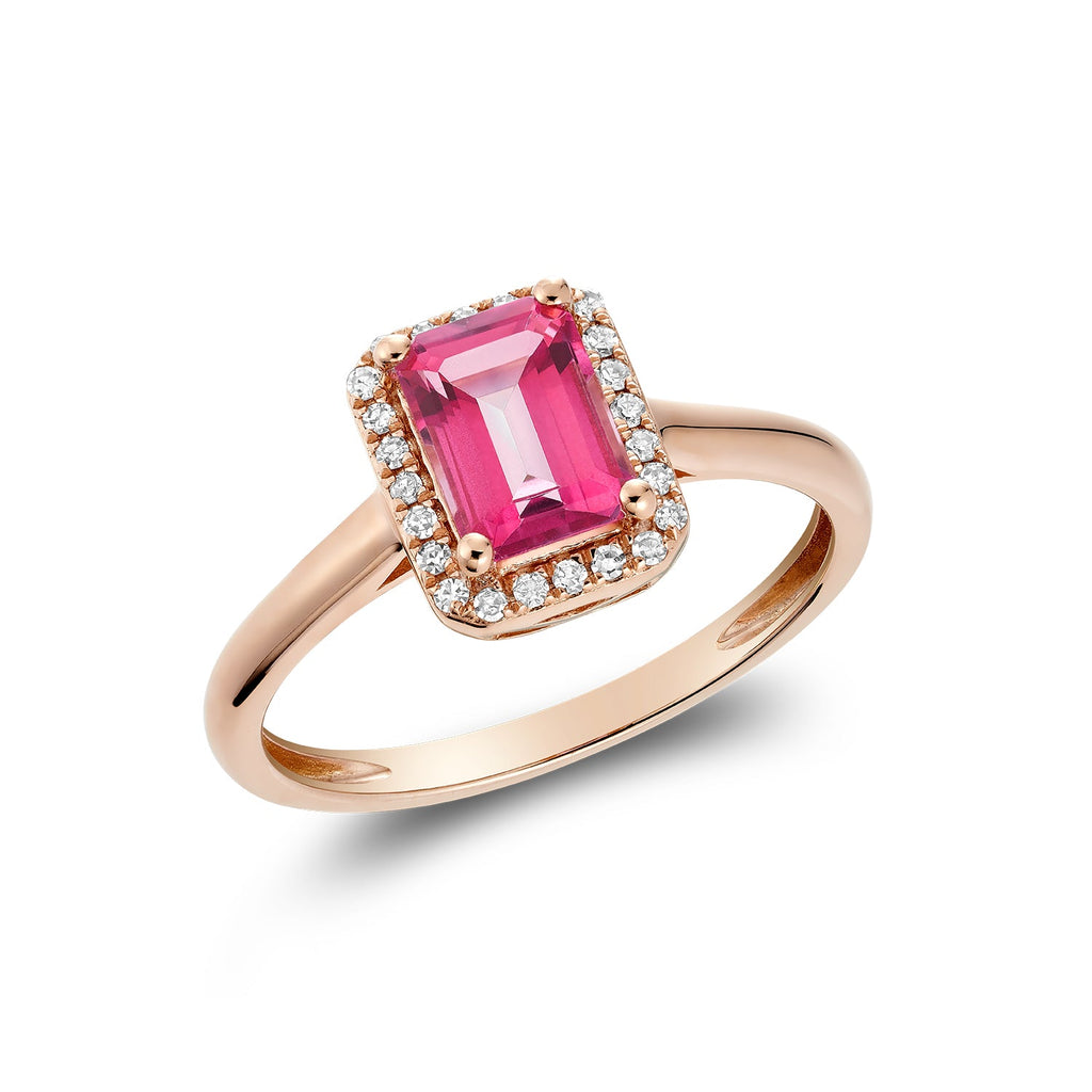 Emerald Cut Pink Topaz and Diamond Halo Ring