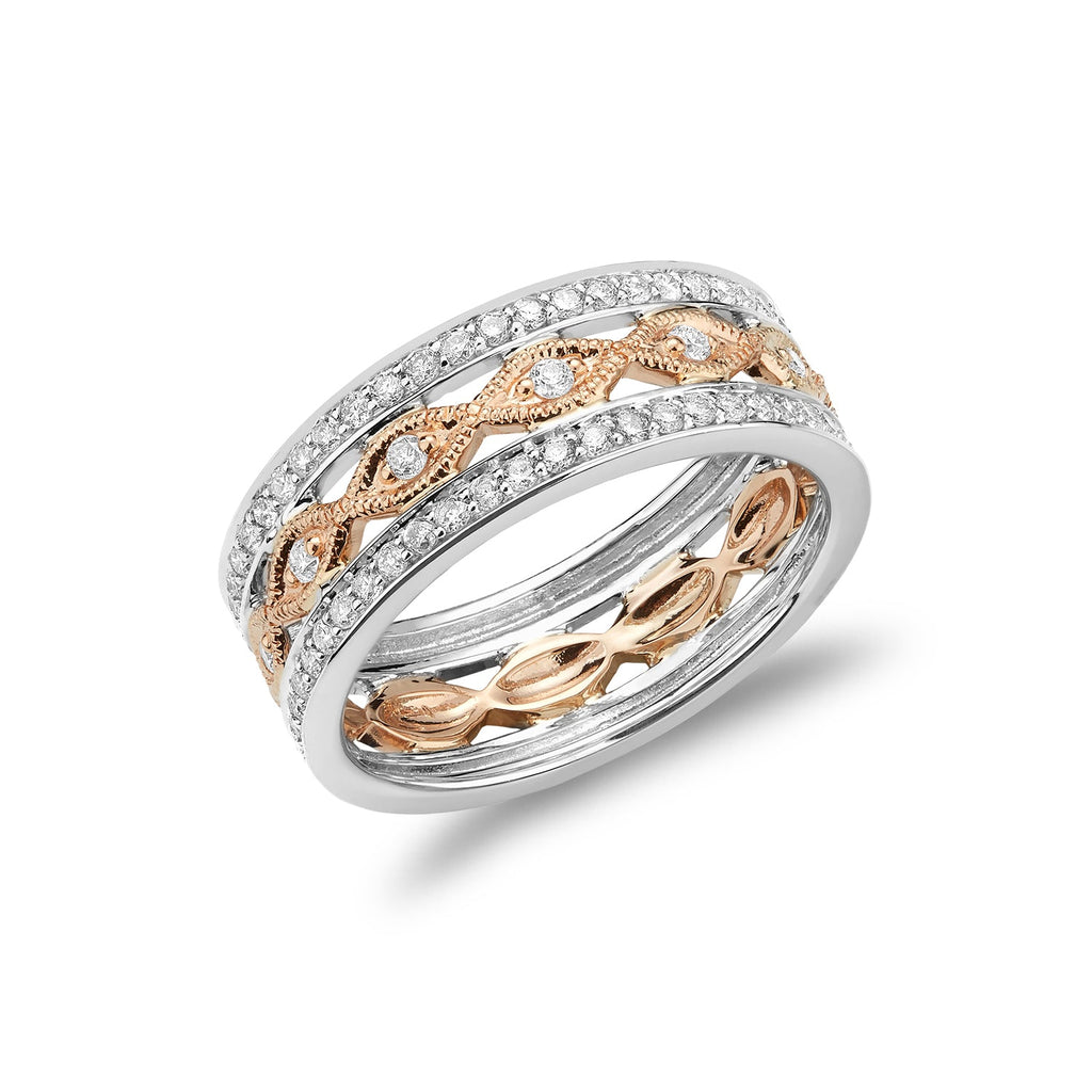 Three Row Pave Diamond & Marquise Milgrain Ring